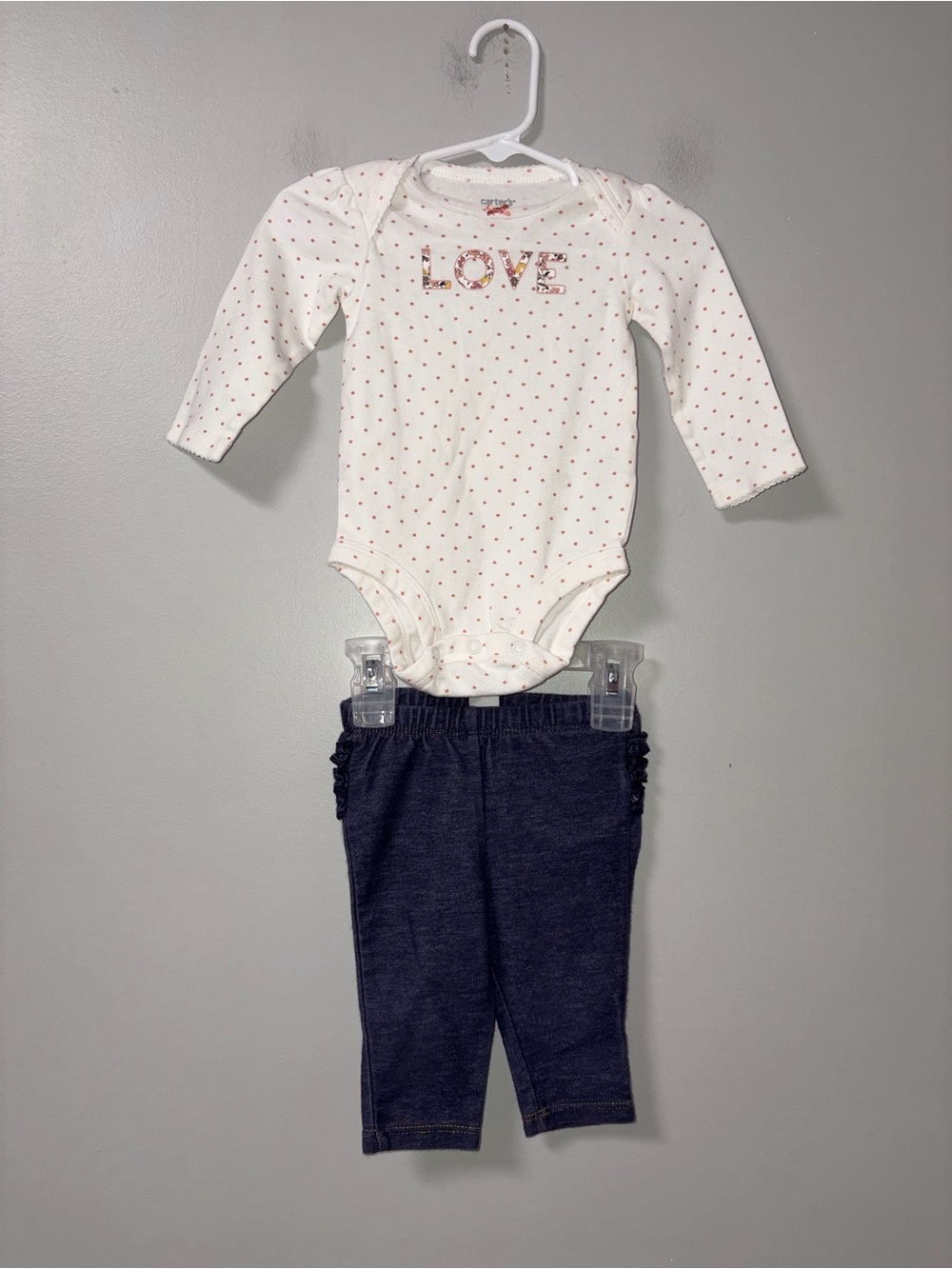 Carters White Polka Dot Love Long Sleeve Body Suit Old Navy Leggings 3-6M